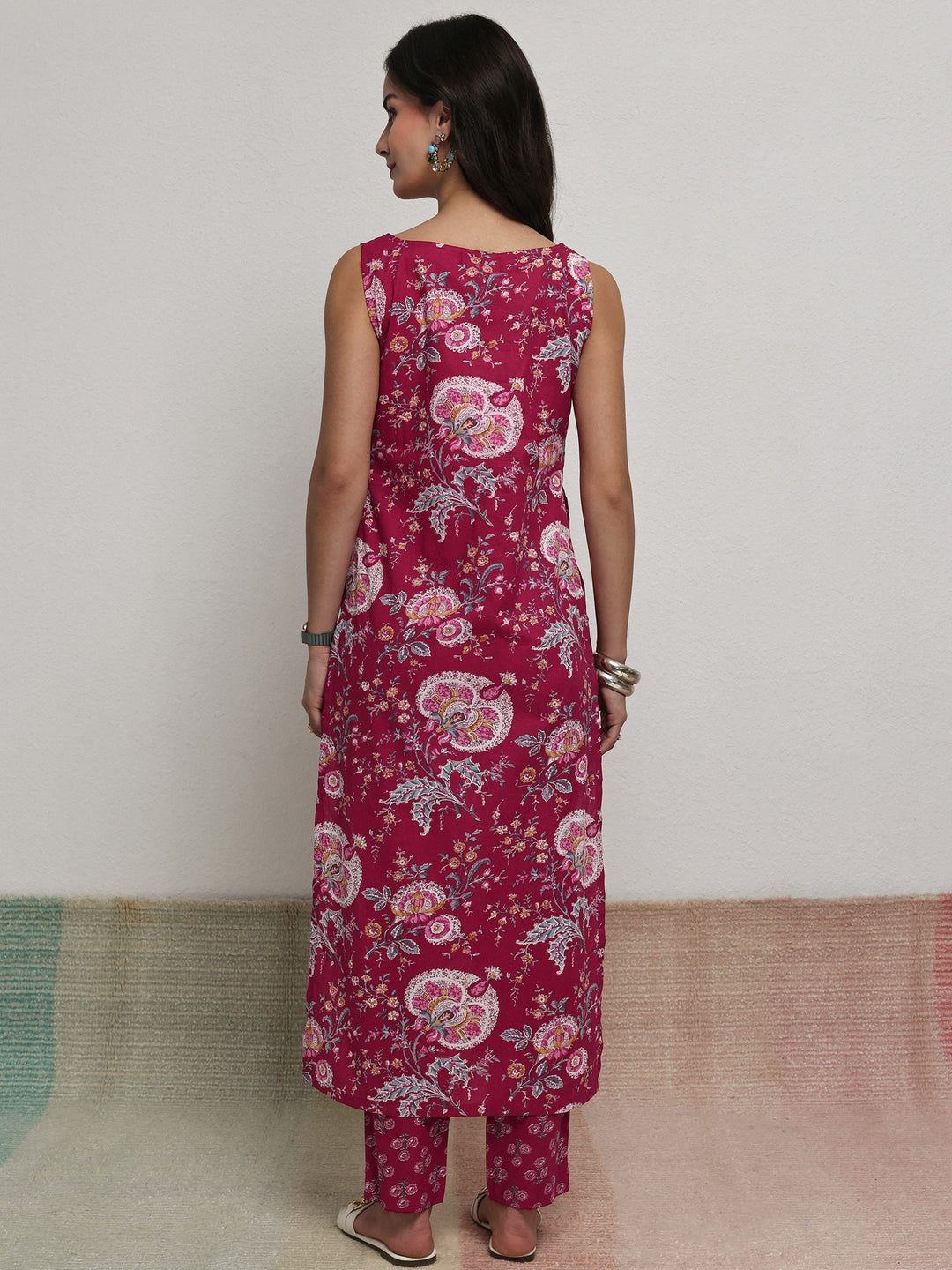 Red Floral Printed Cotton Straight Kurta Set