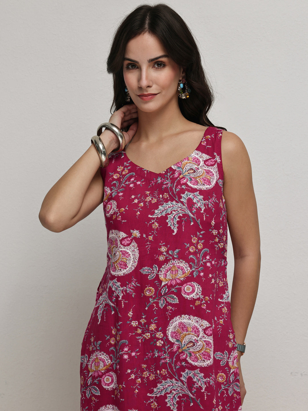 Red Floral Printed Cotton Straight Kurta Set
