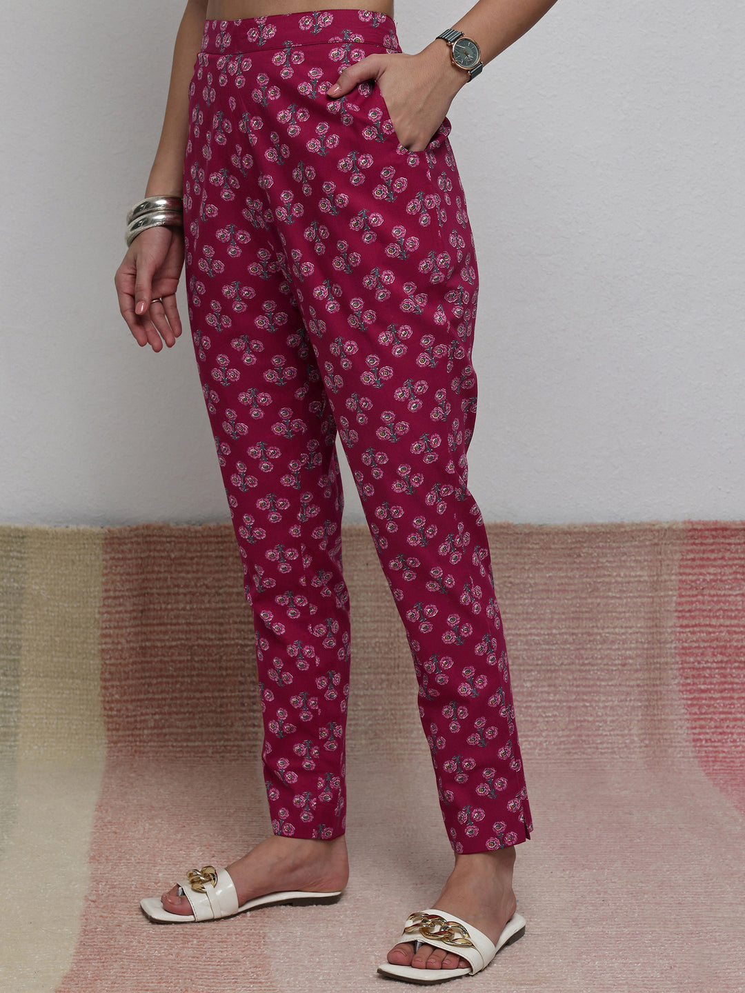 Red Floral Printed Cotton Straight Kurta Set