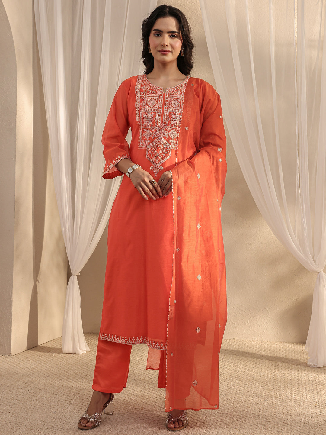 Orange Ethnic Embroidered Chanderi Silk Straight Suit Set With Dupatta