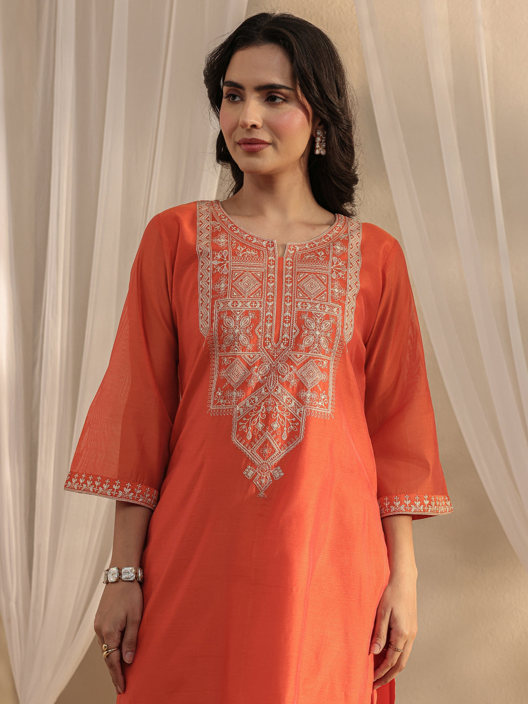 Orange Ethnic Embroidered Chanderi Silk Straight Suit Set With Dupatta