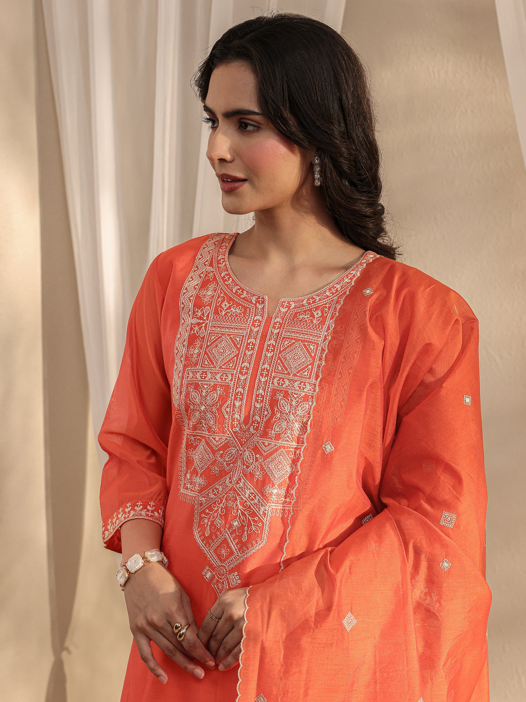Orange Ethnic Embroidered Chanderi Silk Straight Suit Set With Dupatta