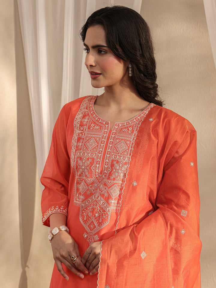 Orange Ethnic Embroidered Chanderi Silk Straight Suit Set With Dupatta
