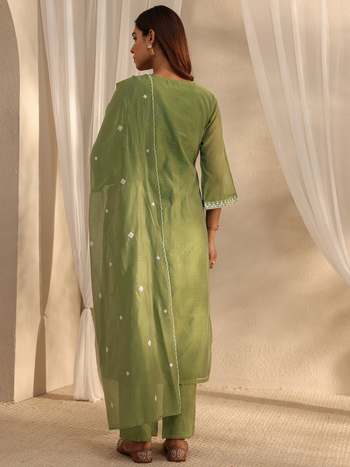 Green Embroidered Chanderi Silk Straight Suit Set With Dupatta