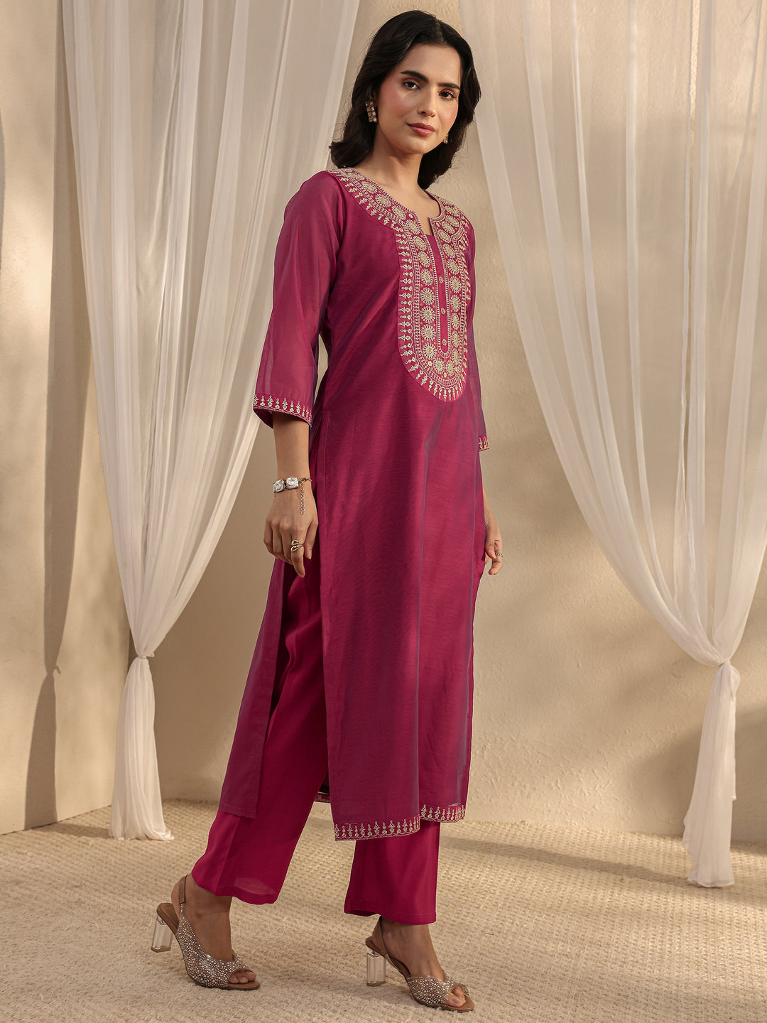 Wine Ethnic Embroidered Chanderi Silk Straight Suit Set With Dupatta