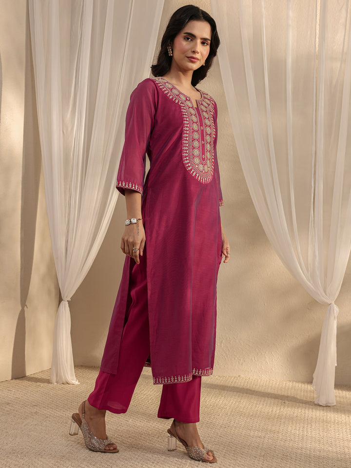 Wine Ethnic Embroidered Chanderi Silk Straight Suit Set With Dupatta