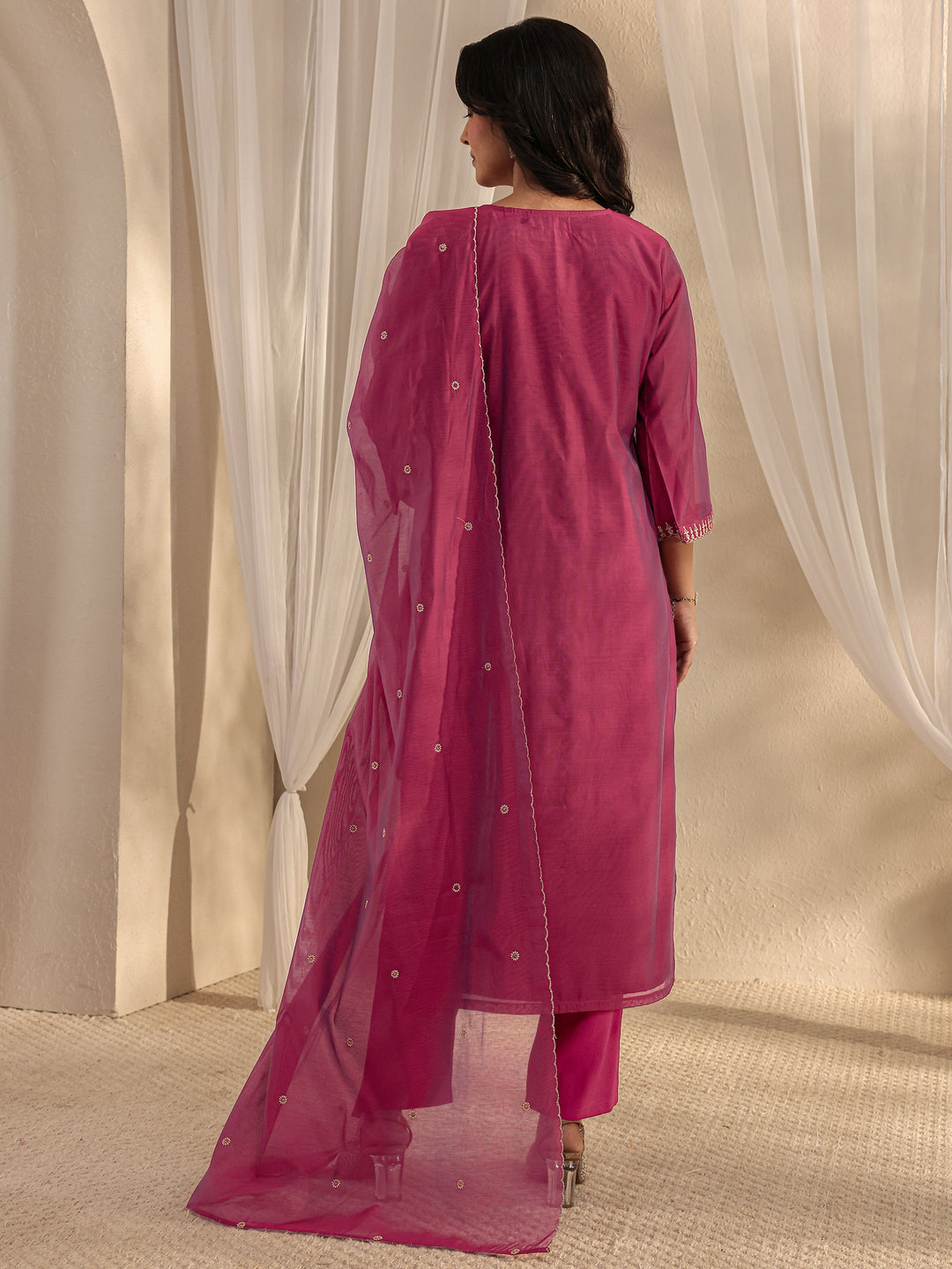 Wine Ethnic Embroidered Chanderi Silk Straight Suit Set With Dupatta