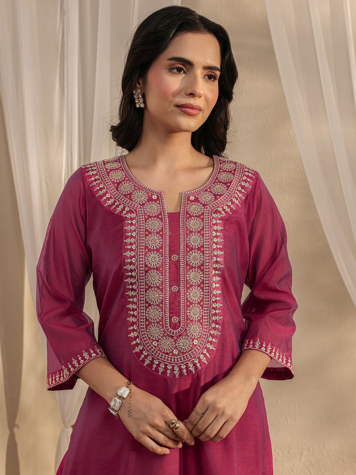 Wine Ethnic Embroidered Chanderi Silk Straight Suit Set With Dupatta