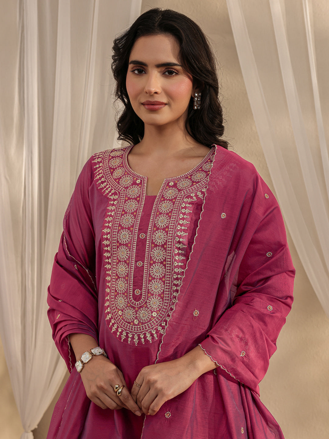 Wine Ethnic Embroidered Chanderi Silk Straight Suit Set With Dupatta