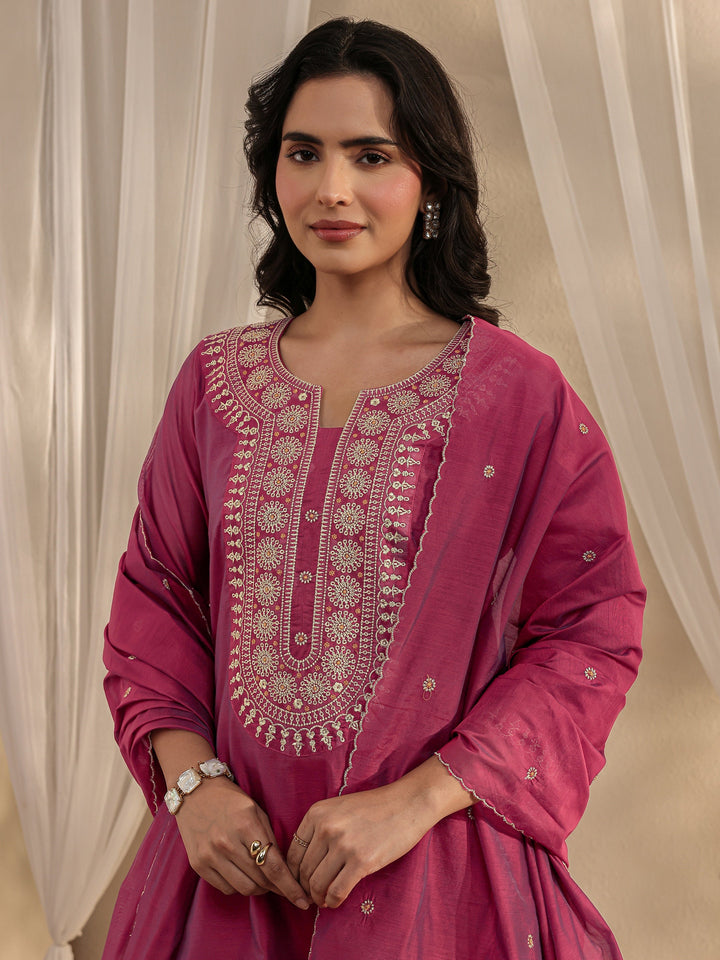 Wine Ethnic Embroidered Chanderi Silk Straight Suit Set With Dupatta