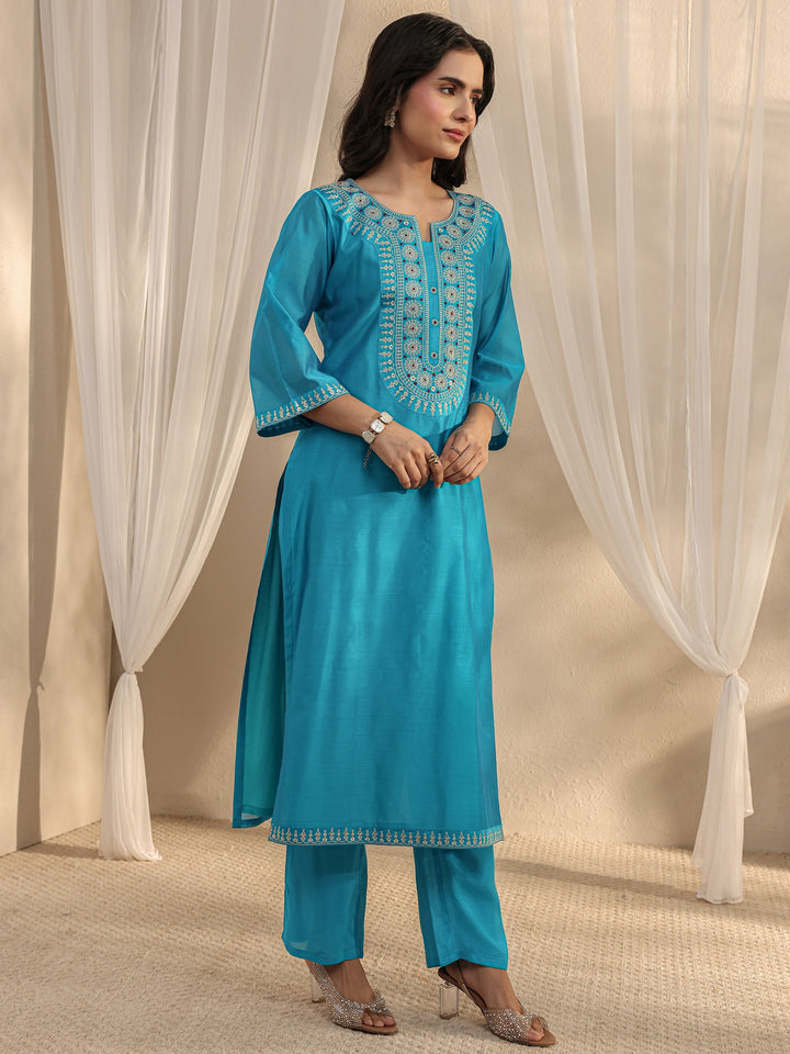 Blue Ethnic Embroidered Chanderi Silk Straight Suit Set With Dupatta