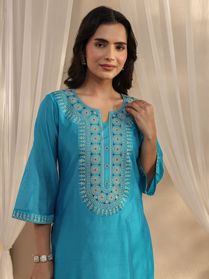 Blue Ethnic Embroidered Chanderi Silk Straight Suit Set With Dupatta