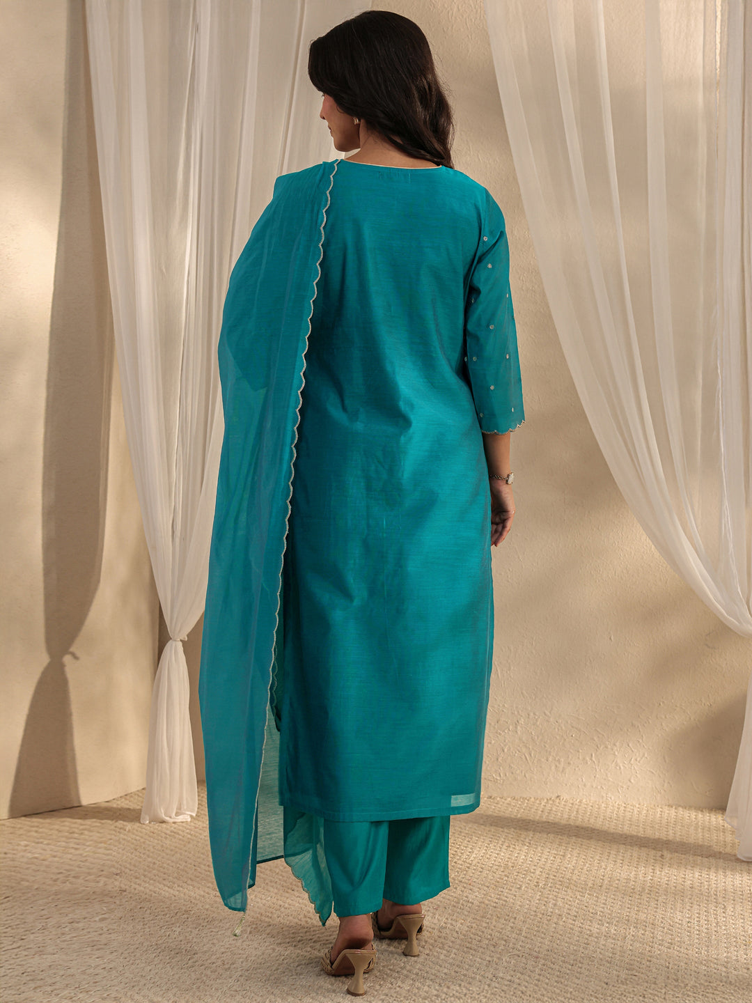 Teal Ethnic Embroidered Chanderi Silk Straight Suit Set With Dupatta