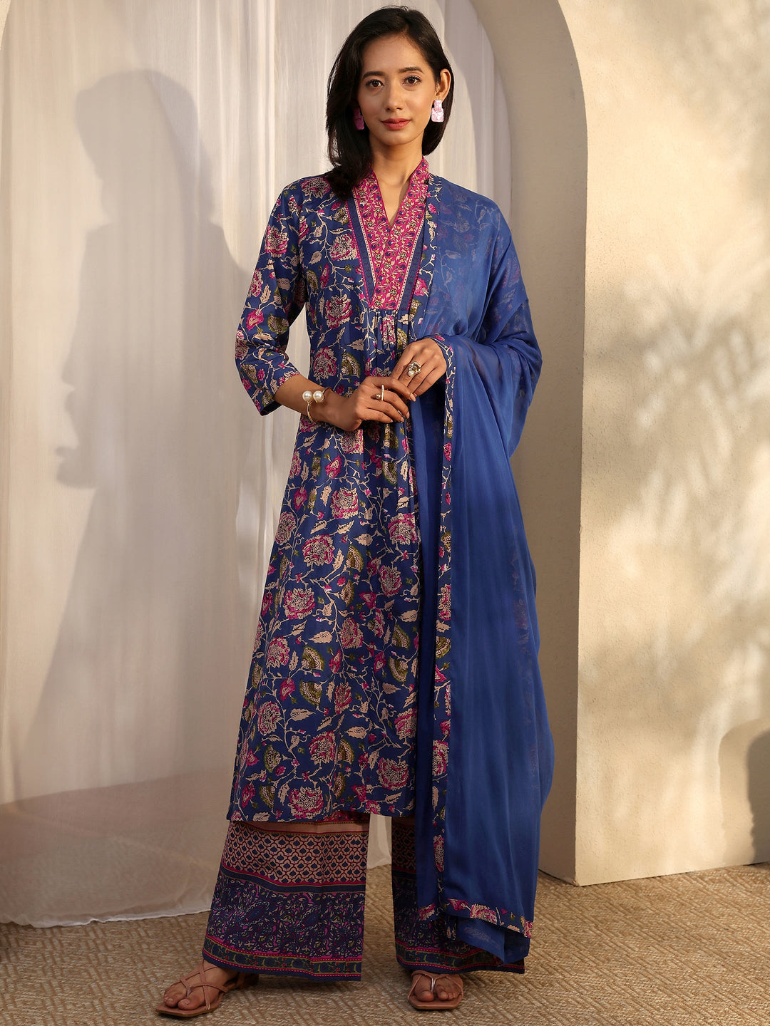 Blue Printed Cotton A-Line Suit Set With Dupatta