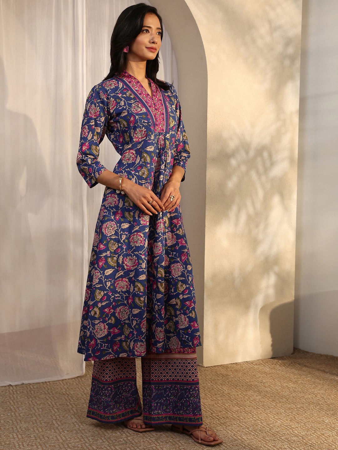 Blue Printed Cotton A-Line Suit Set With Dupatta