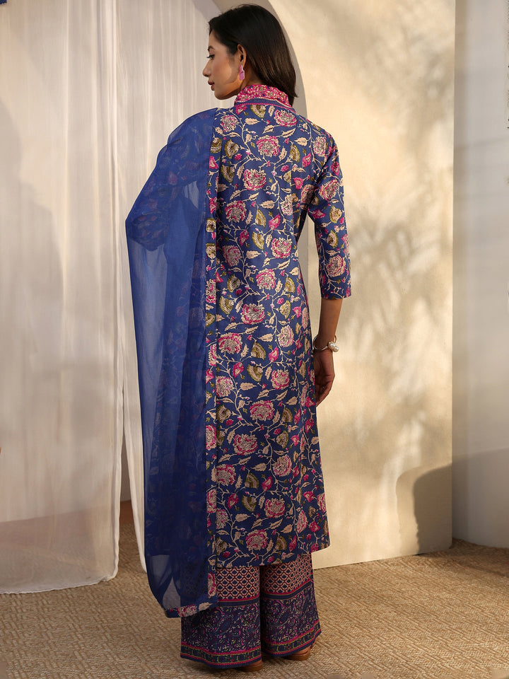 Blue Printed Cotton A-Line Suit Set With Dupatta