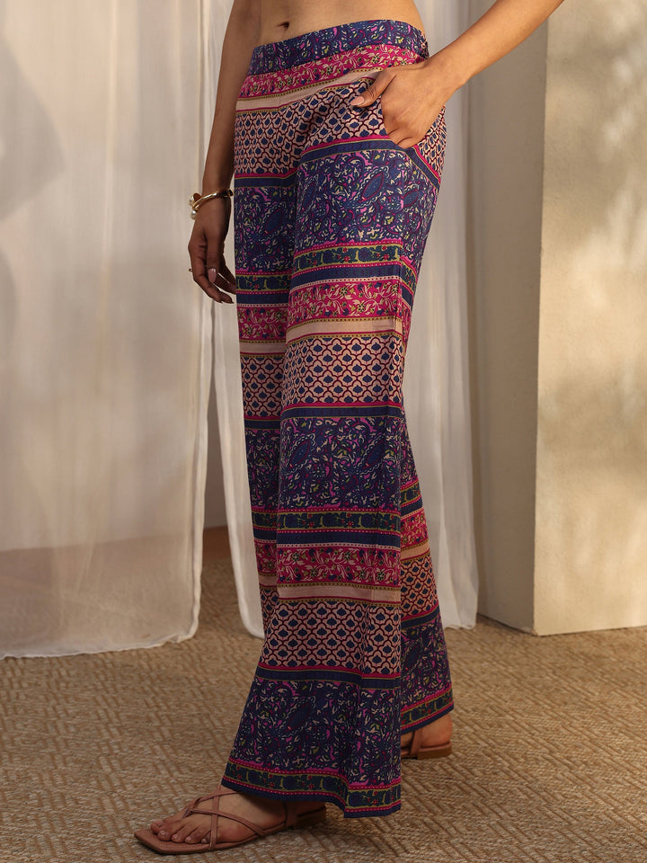 Blue Printed Cotton A-Line Suit Set With Dupatta