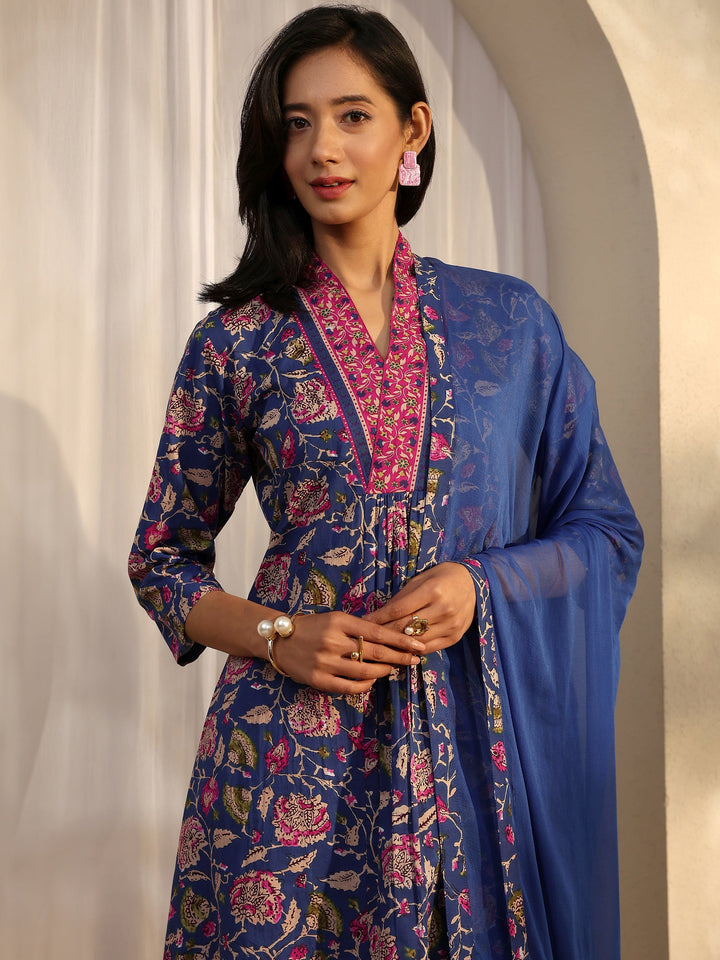 Blue Printed Cotton A-Line Suit Set With Dupatta