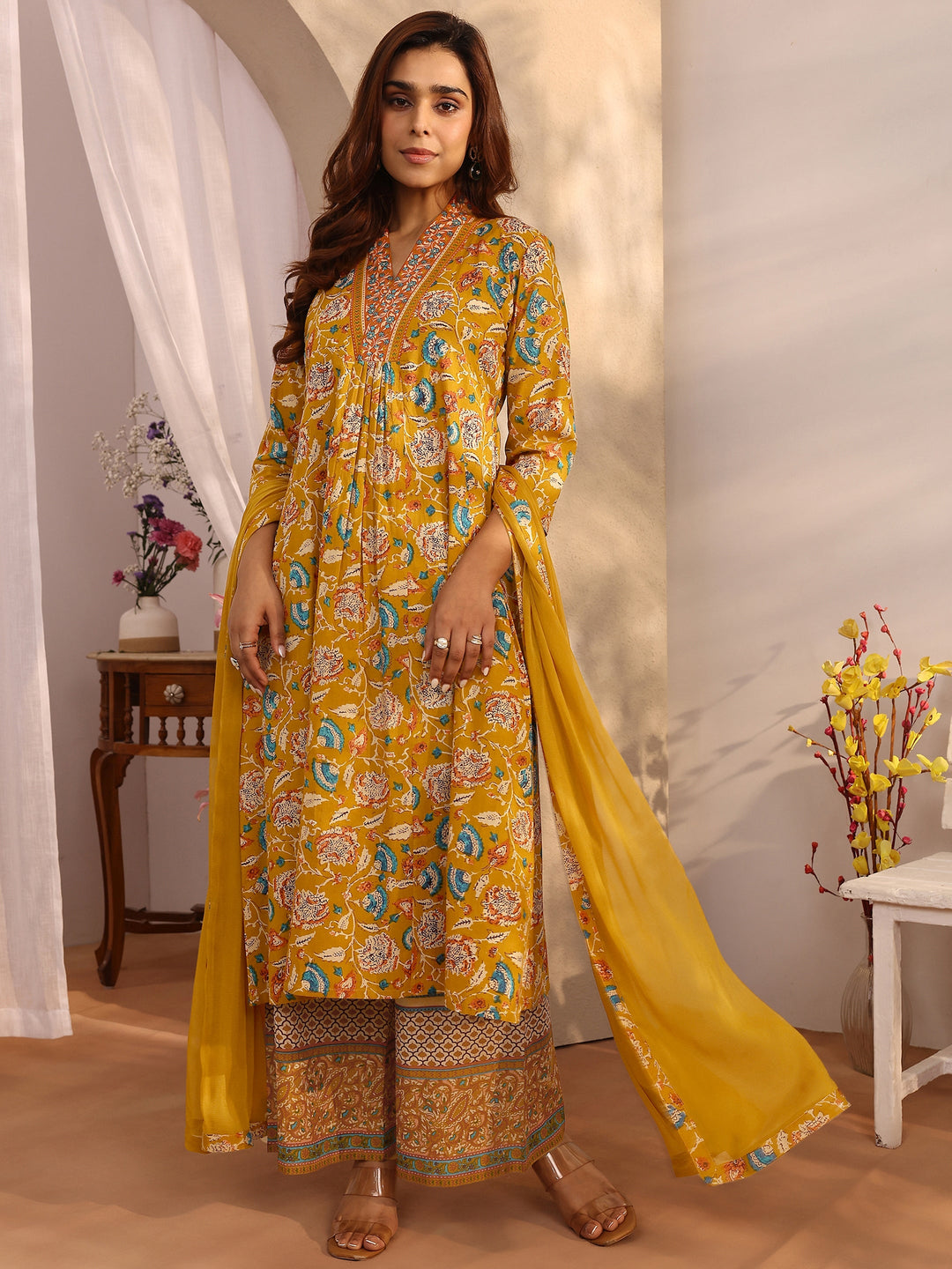 Mustard Printed Cotton A-line Suit Set With Dupatta