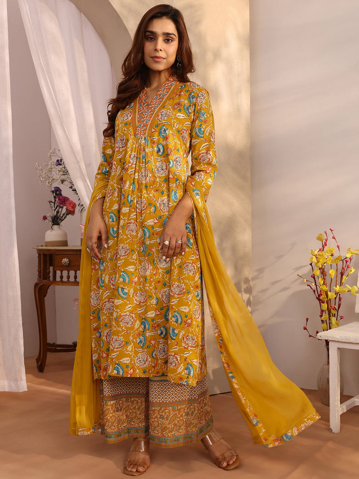 Mustard Printed Cotton A-line Suit Set With Dupatta