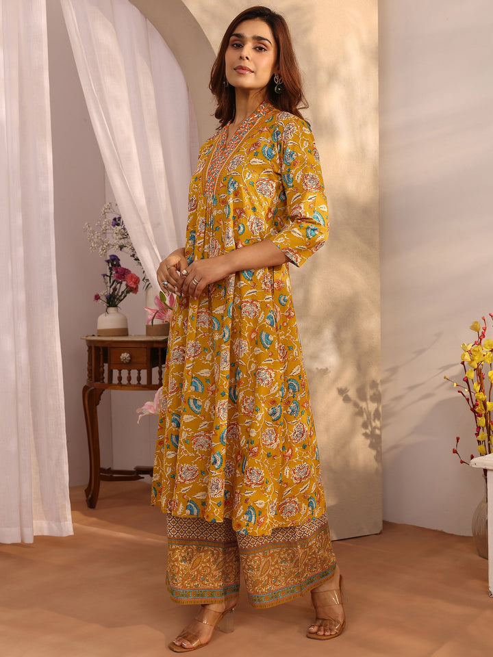 Mustard Printed Cotton A-line Suit Set With Dupatta