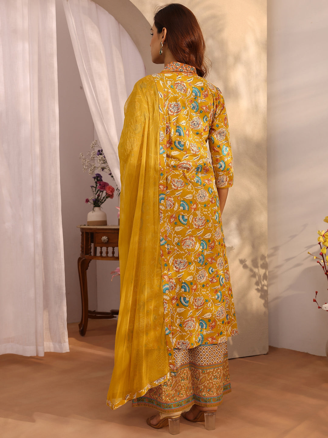 Mustard Printed Cotton A-line Suit Set With Dupatta
