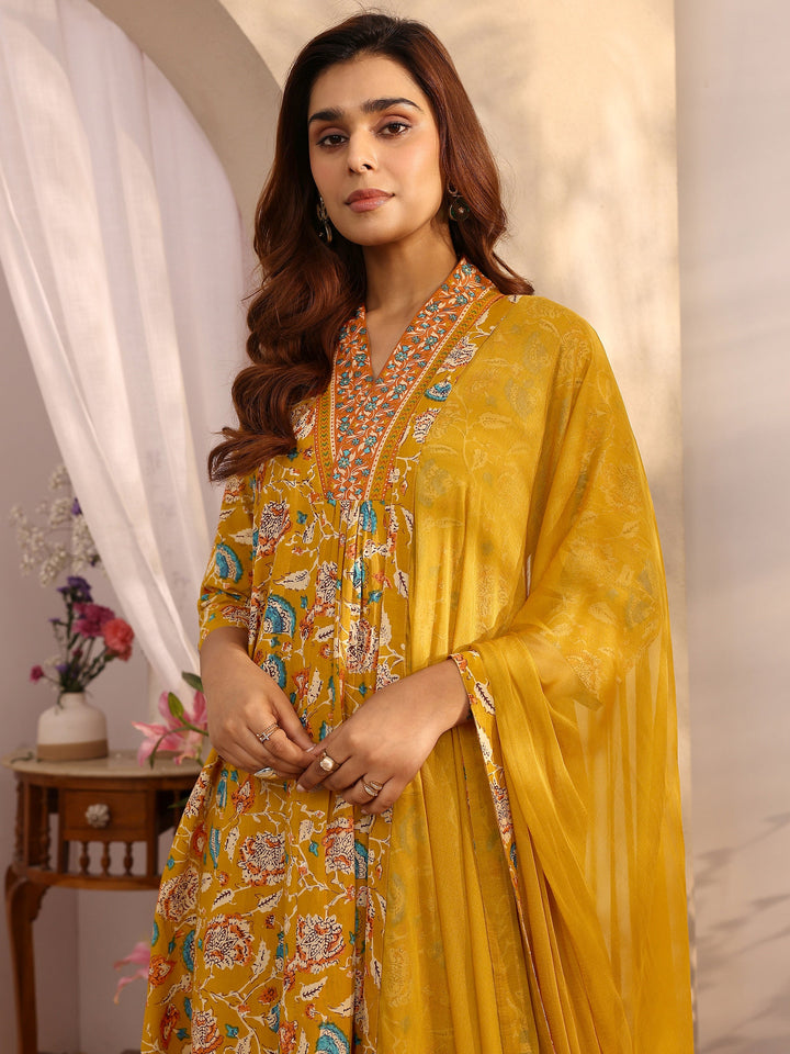 Mustard Printed Cotton A-line Suit Set With Dupatta
