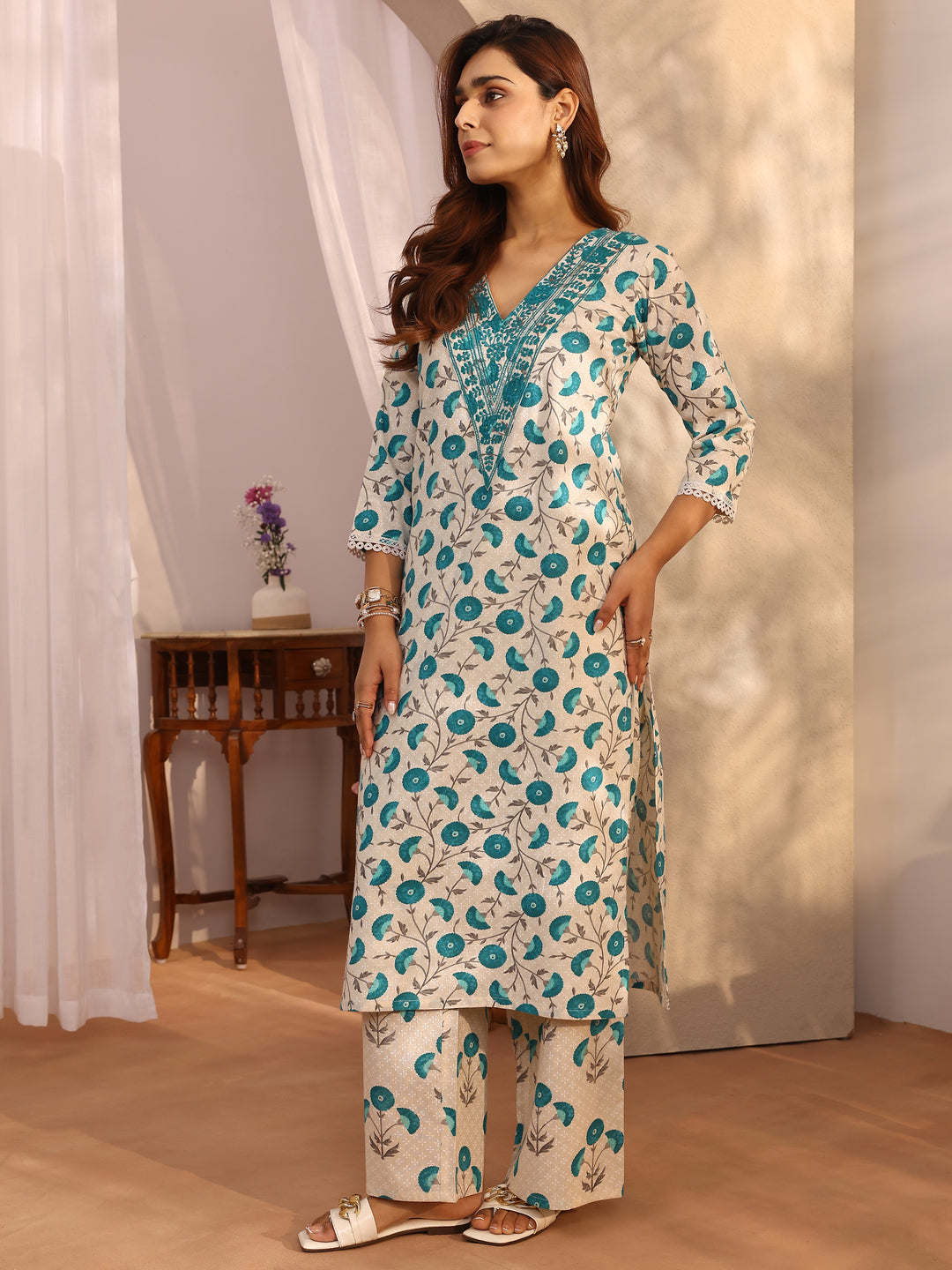 Off White Printed Cotton Straight Kurta Set