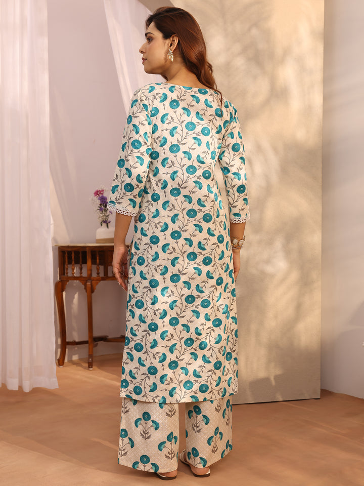 Off White Printed Cotton Straight Kurta Set