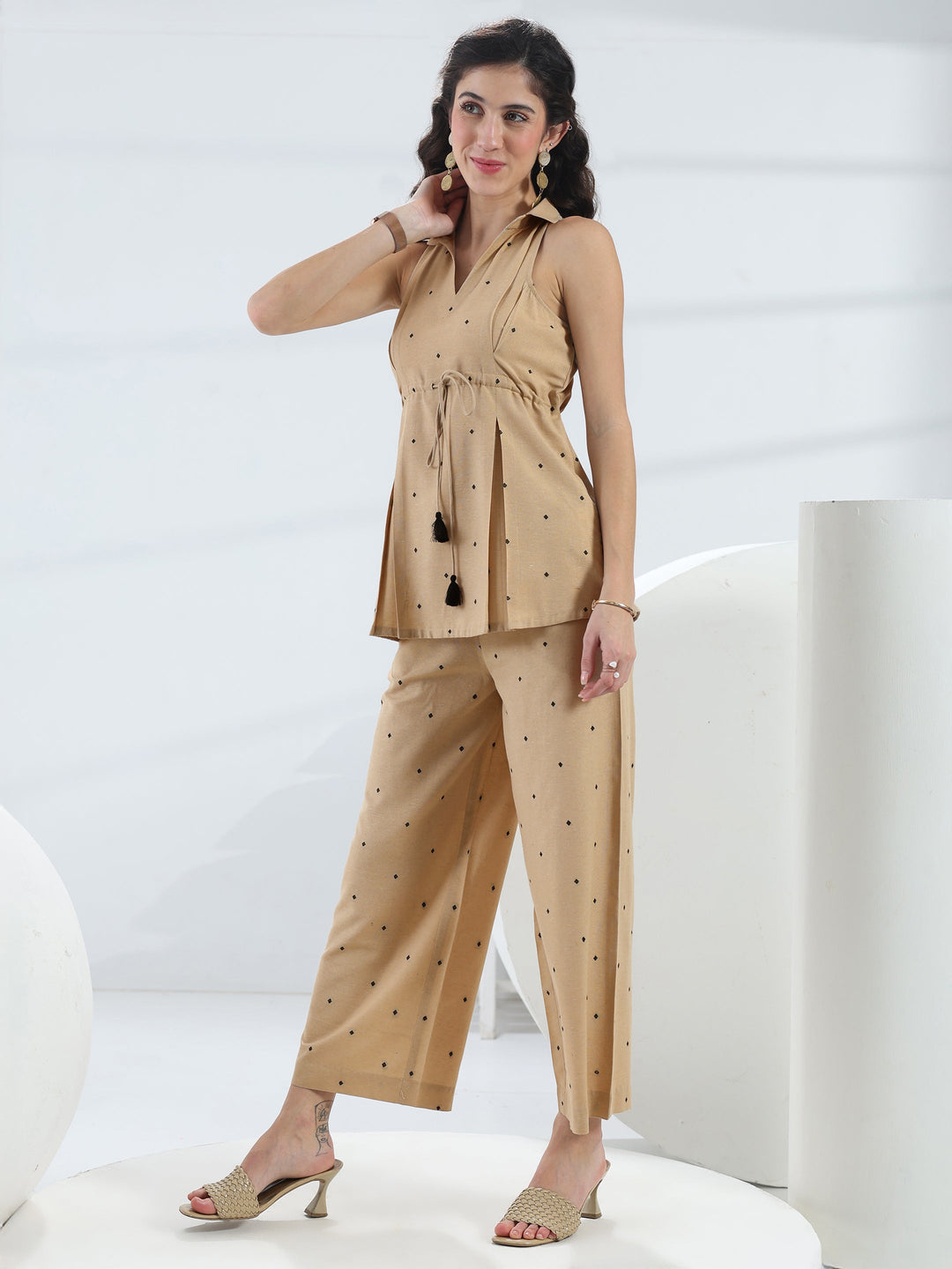 Beige Woven Design Cotton Blend Co-Ord Set
