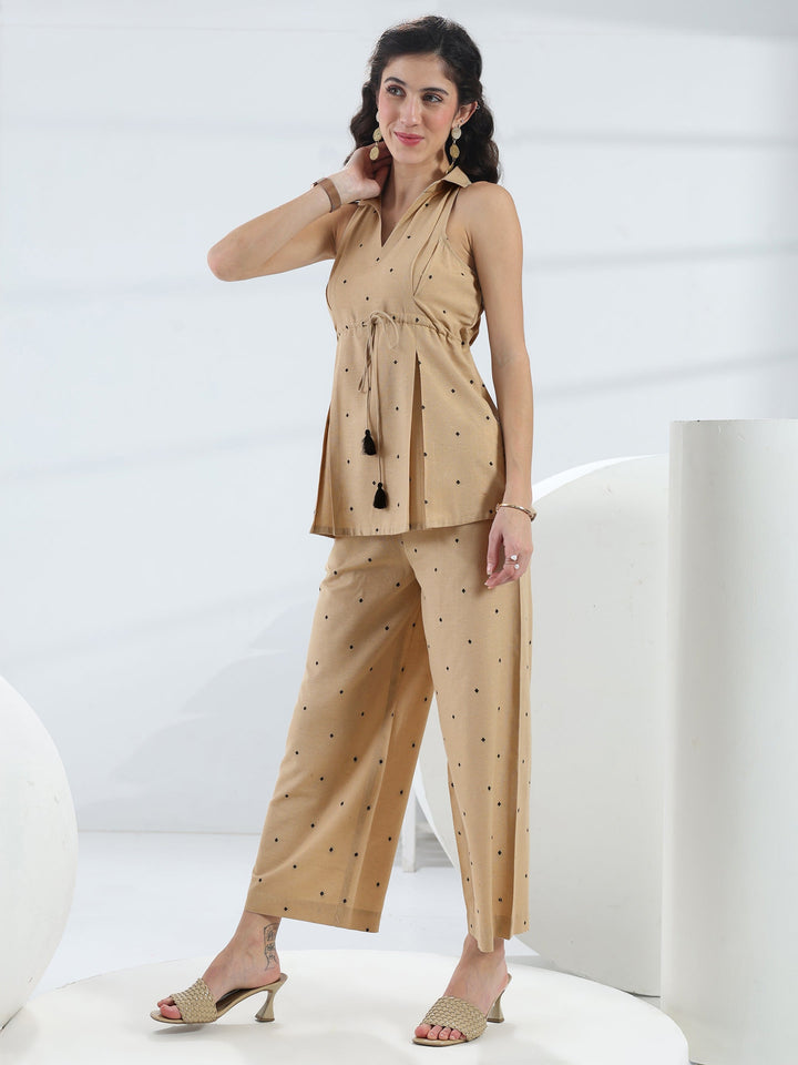 Beige Woven Design Cotton Blend Co-Ord Set