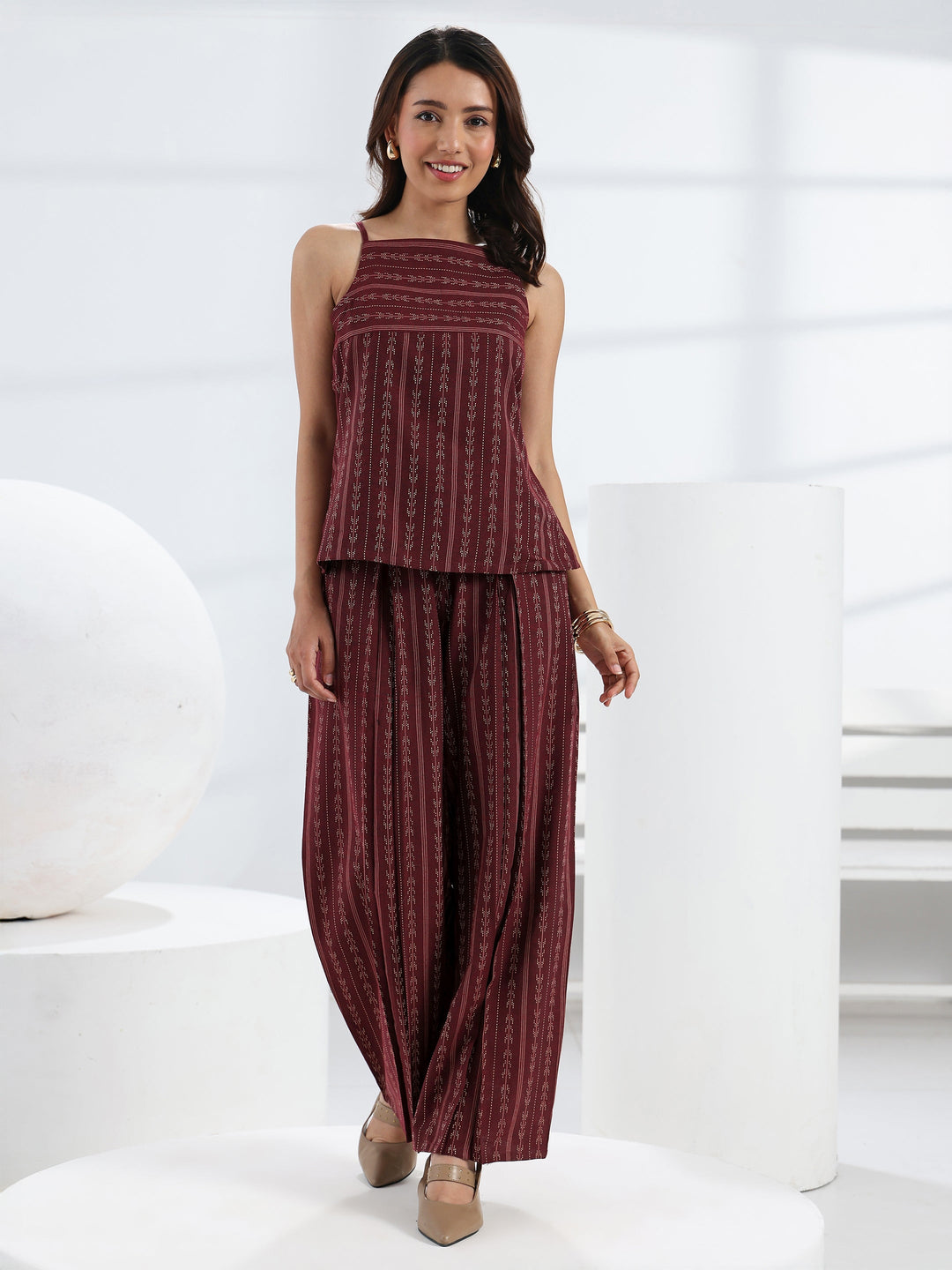 Maroon Woven Design Cotton Blend Co-Ord Set