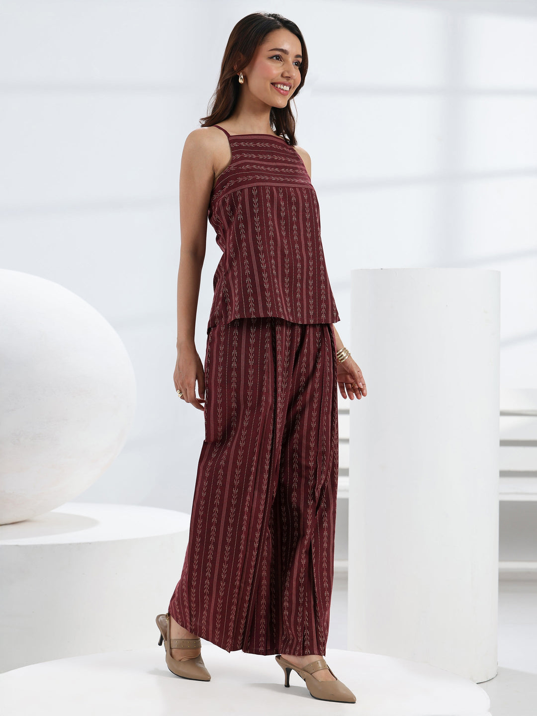 Maroon Woven Design Cotton Blend Co-Ord Set
