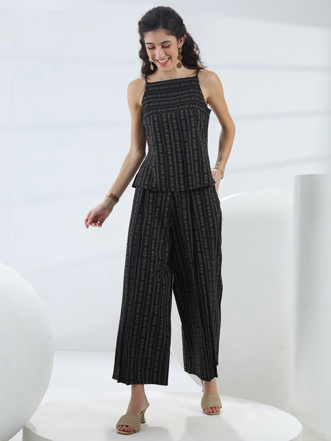 Black Woven Design Cotton Blend Co-Ord Set