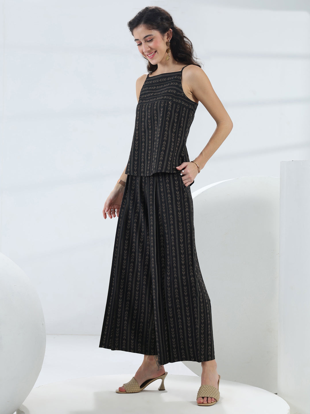 Black Woven Design Cotton Blend Co-Ord Set