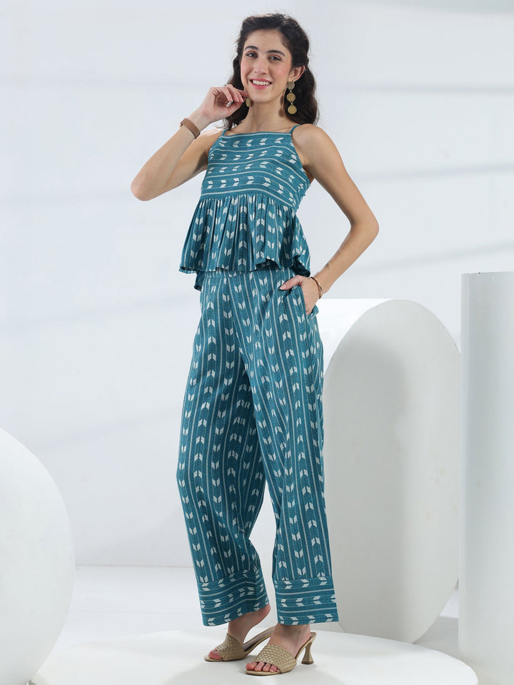Blue Woven Design Cotton Blend Co-Ord Set