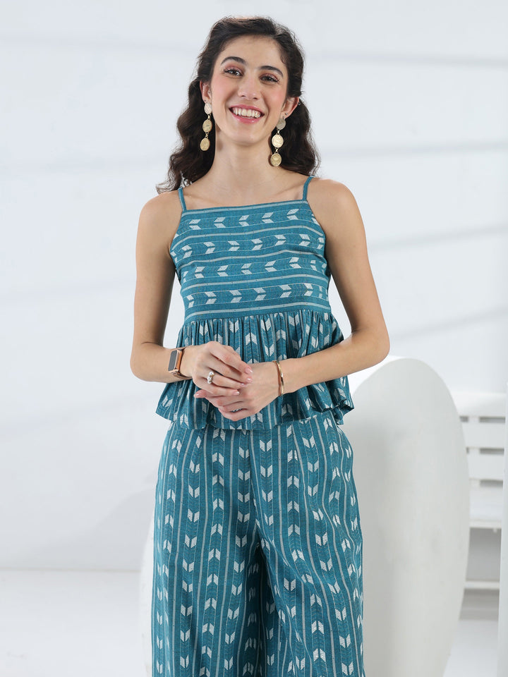 Blue Woven Design Cotton Blend Co-Ord Set