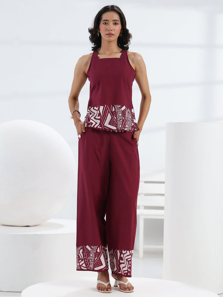 Maroon Abstract Printed Cotton Co-Ord Set
