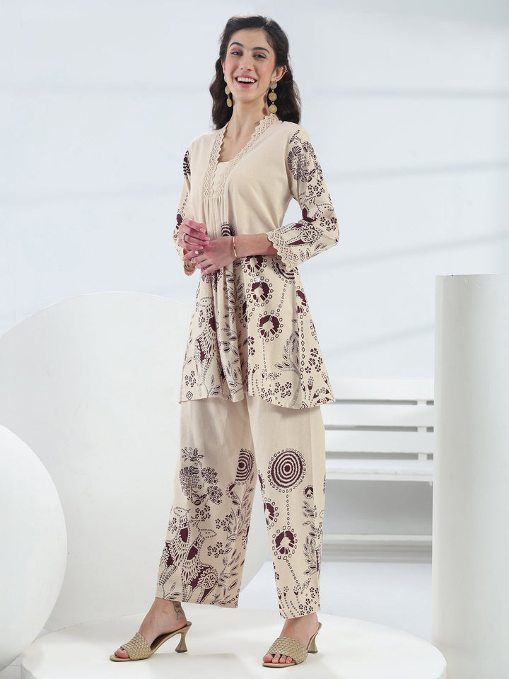 Off White Floral Printed Cotton Co-Ord Set