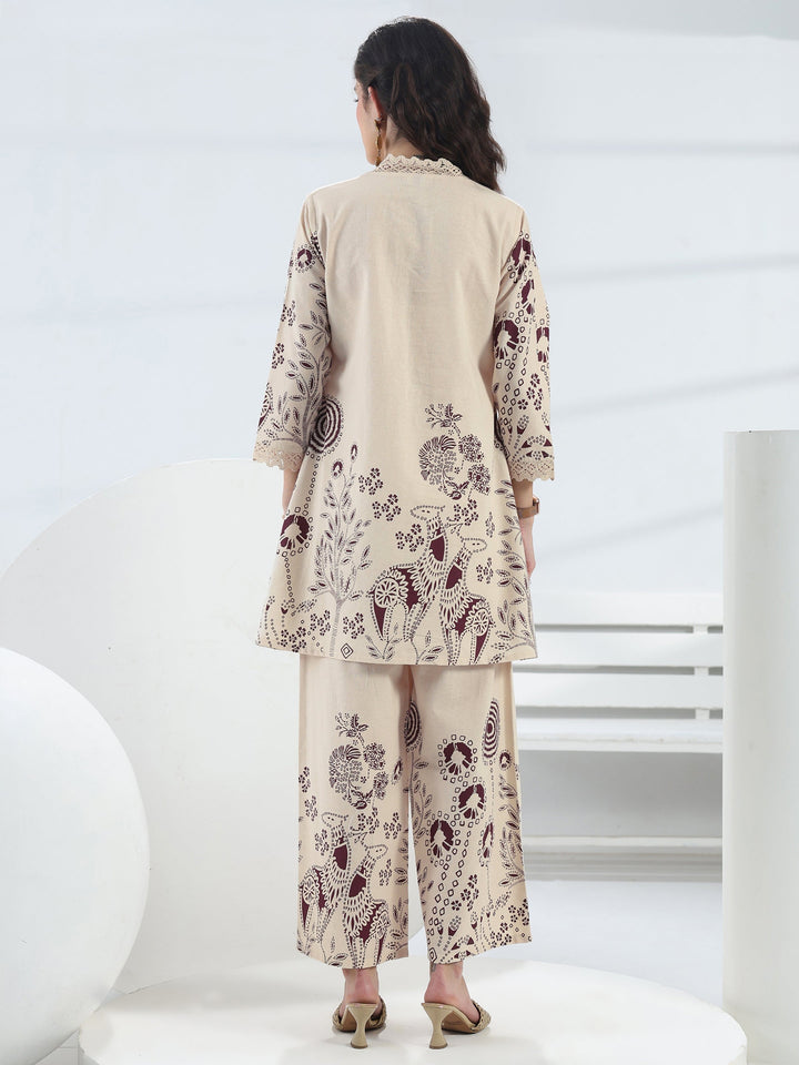 Off White Floral Printed Cotton Co-Ord Set