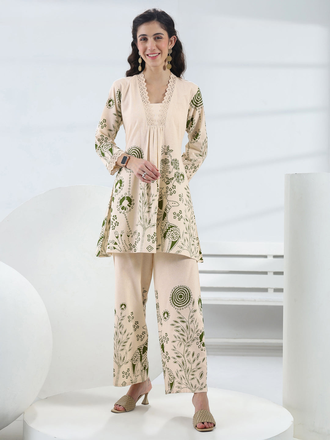 Off White Floral Printed Cotton Co-Ord Set