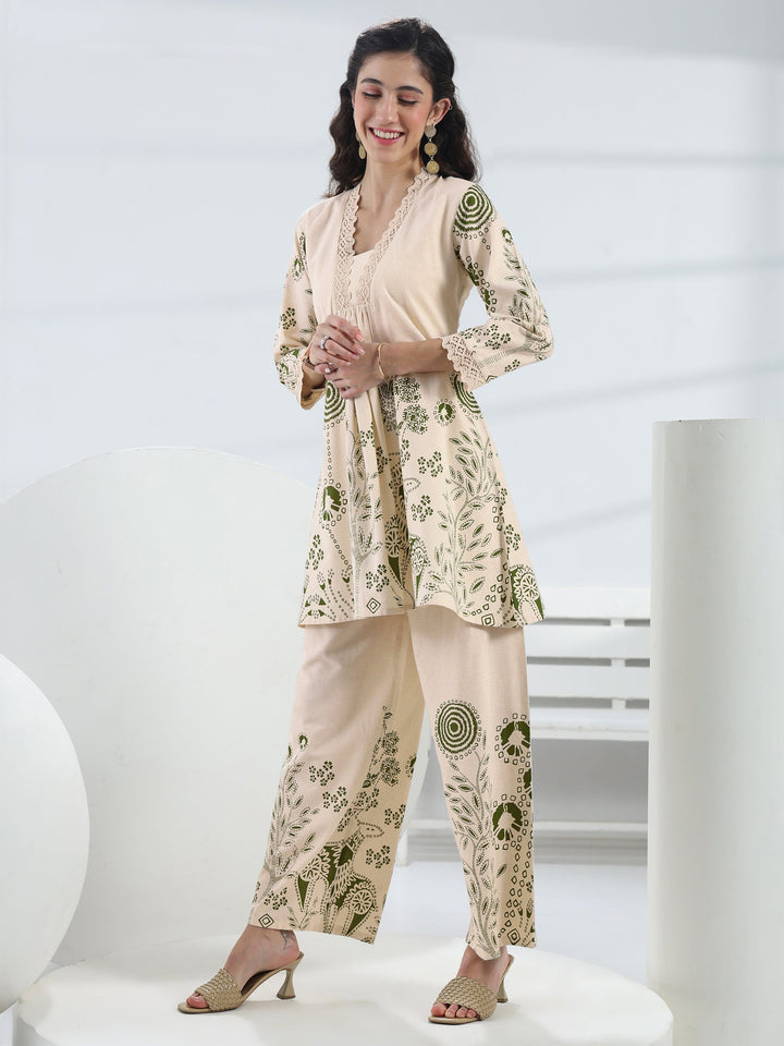 Off White Floral Printed Cotton Co-Ord Set