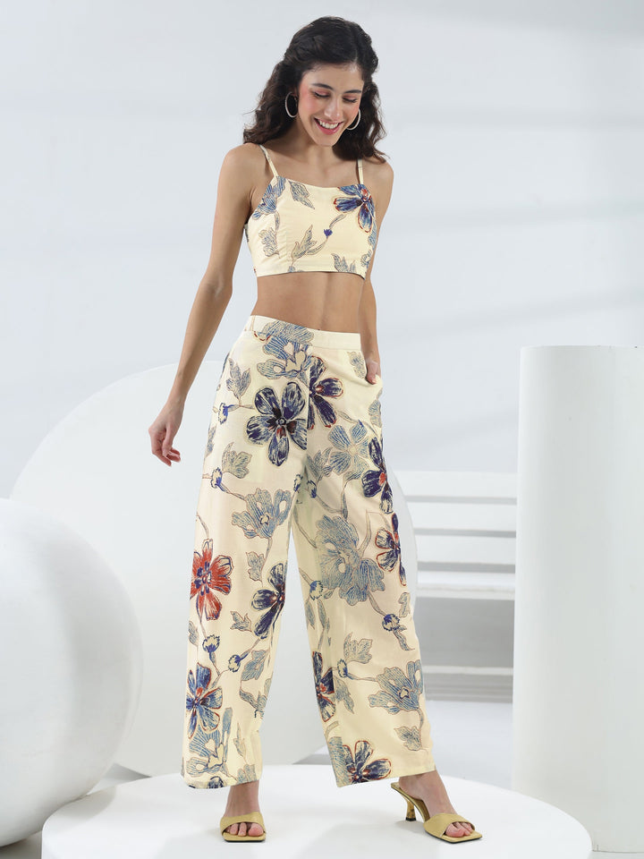Off White Floral Printed Cotton Co-Ord Set