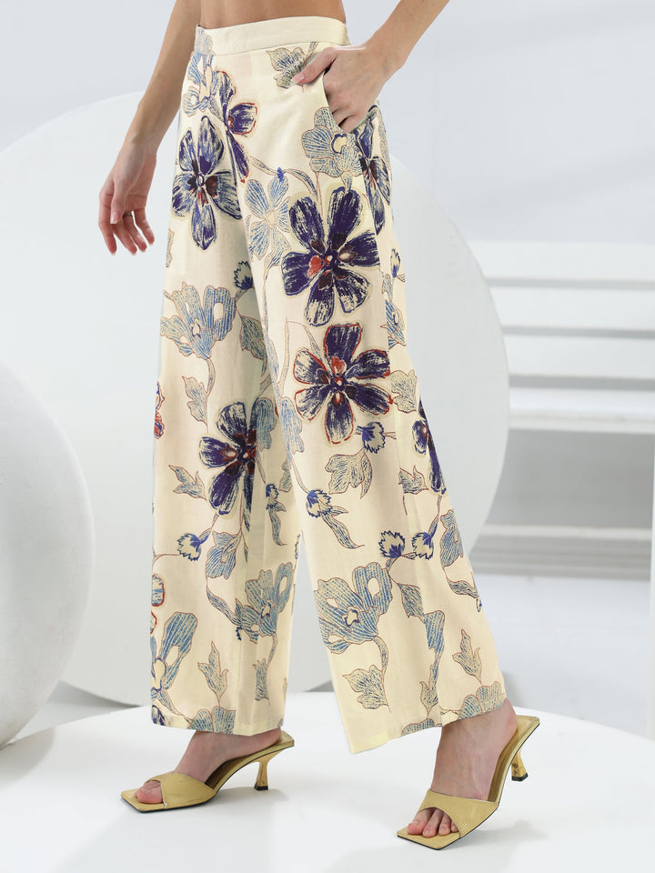 Off White Floral Printed Cotton Co-Ord Set