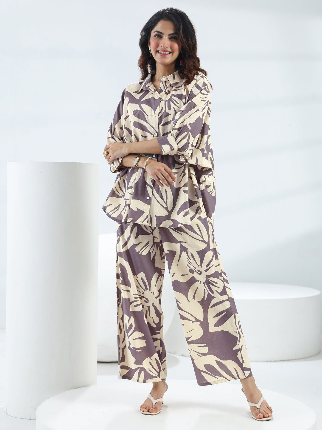 Purple Floral Printed Cotton Co-Ord Set