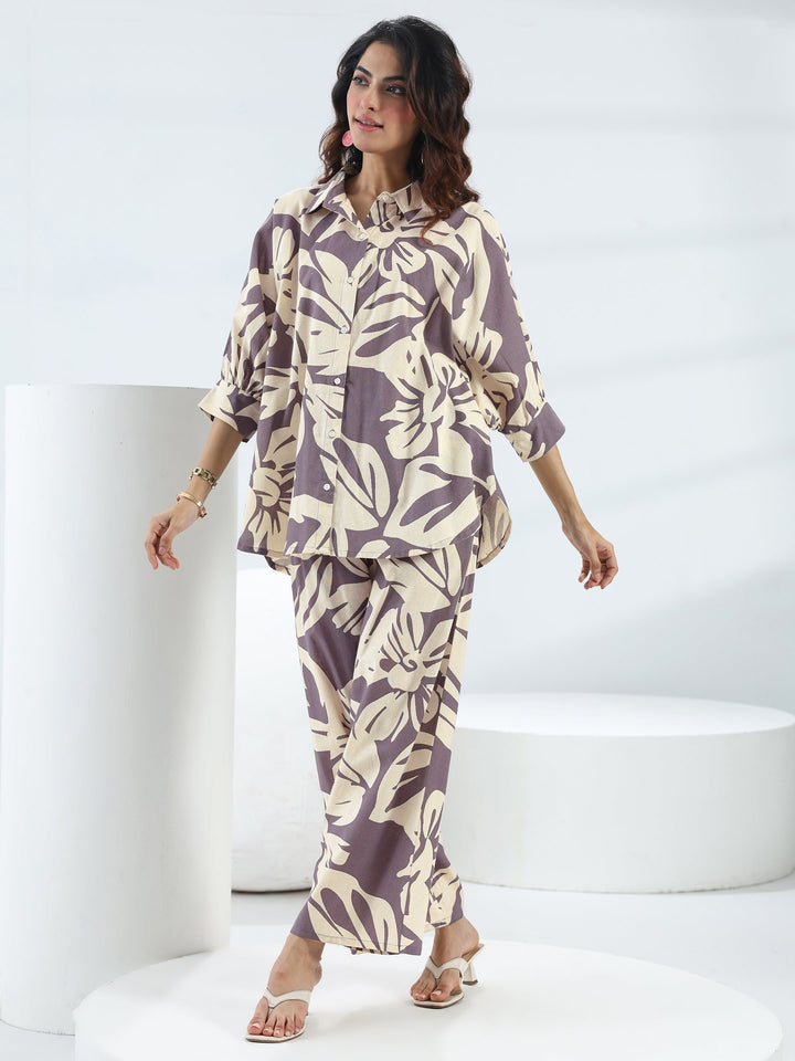 Purple Floral Printed Cotton Co-Ord Set