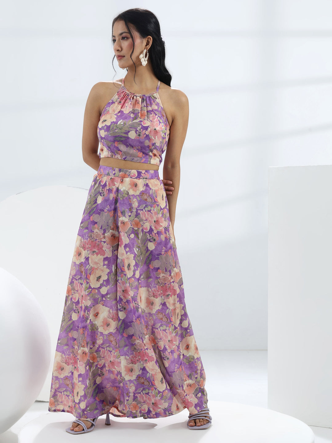 Purple Floral Printed Cotton Blend Co-Ord Set