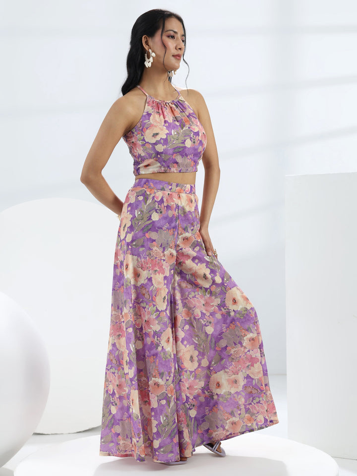 Purple Floral Printed Cotton Blend Co-Ord Set