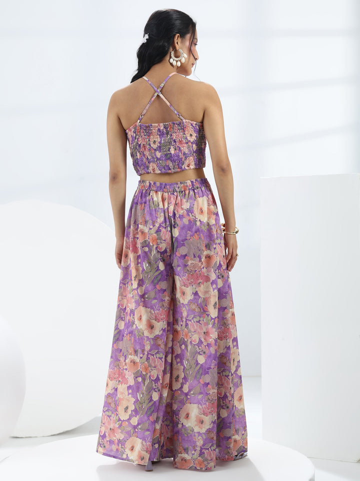 Purple Floral Printed Cotton Blend Co-Ord Set