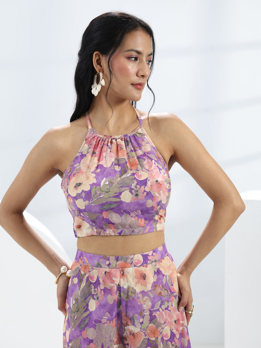 Purple Floral Printed Cotton Blend Co-Ord Set